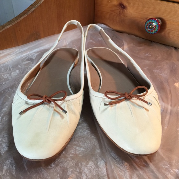 HERMES OFF-WHITE LEATHER MULES FLATS SLINGBACKS 36-6 ITALY ANKLE-STRAP BROWN - Picture 5 of 9